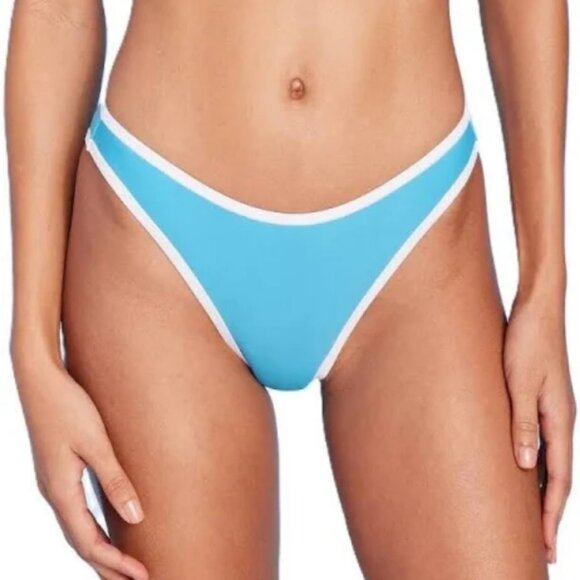 Women's Contrast Trim High Leg Cheeky Bikini Bottom - Wild Fable Blue/White L - Picture 1 of 5